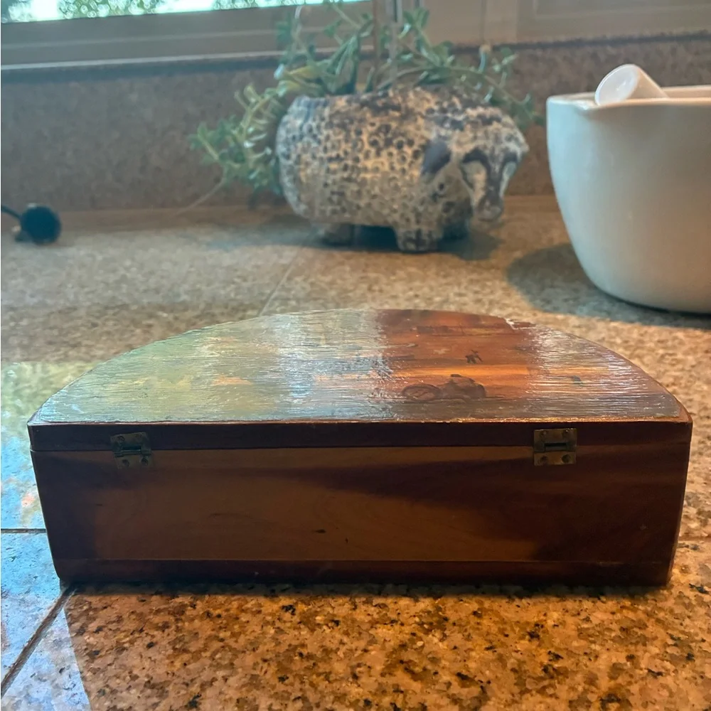 Italian Cedar Trinket Box with Old World Decopauge Scene Boats Port Cows Horses